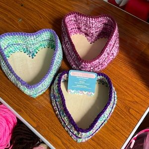 3- Heart Crocheted baskets with hard bottoms. Handmade by me.